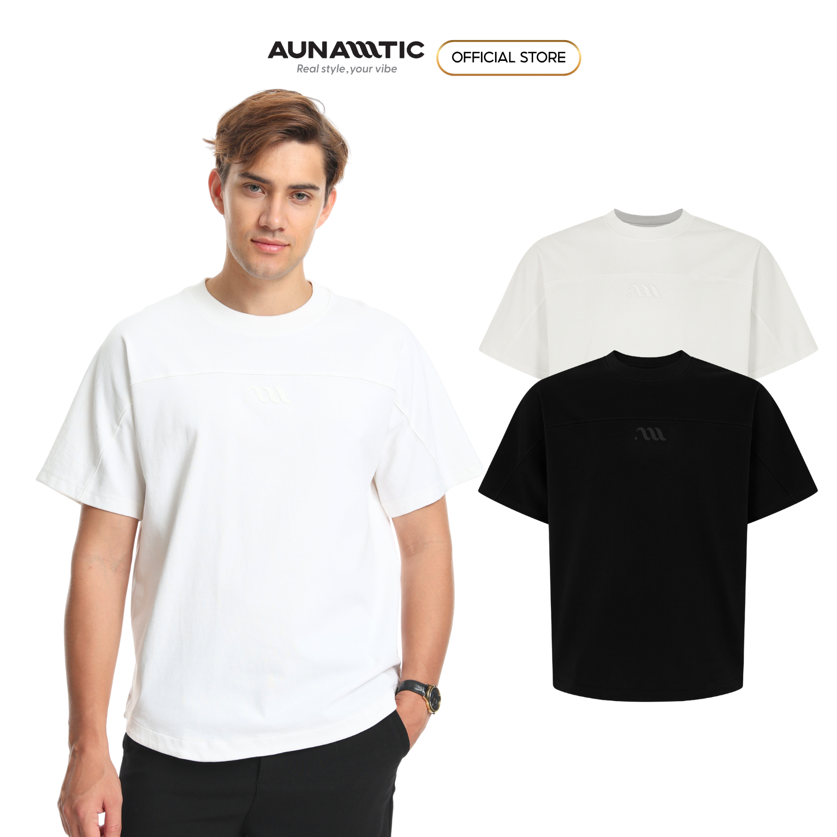  Áo thun nam tối giản phối ngang ngực và tay Cotton Combed dày mịn – AUNAMTIC 