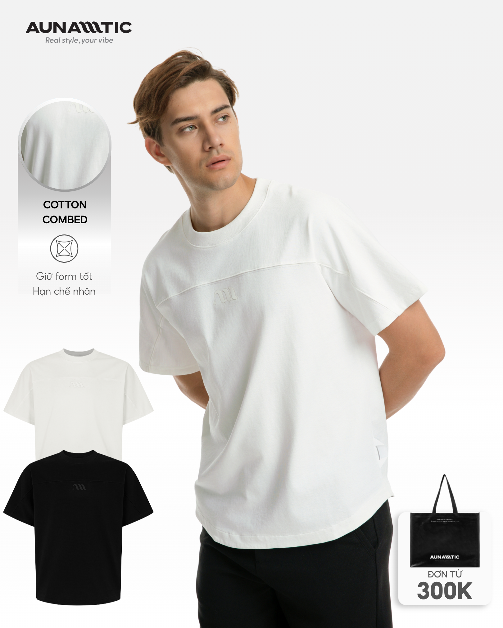 Áo thun nam AUNAMTIC Pure Form Tee màu Ivory White phom relaxed fit lai cong bầu nhẹ