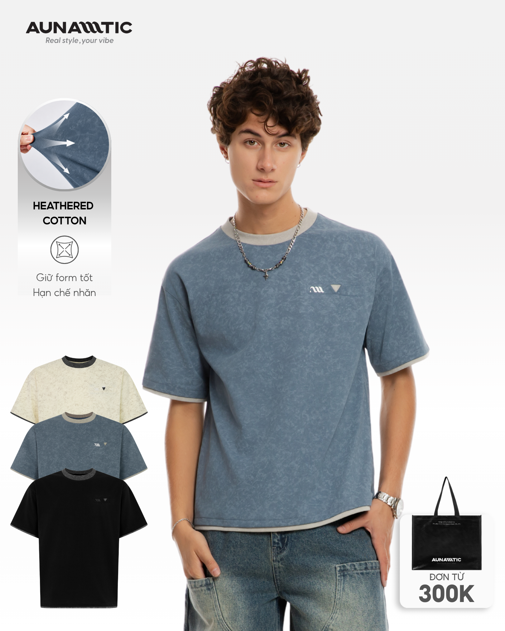 Người mẫu nam mặc áo thun nam AUNAMTIC Urban Ease Tee màu xanh denim trong outfit casual