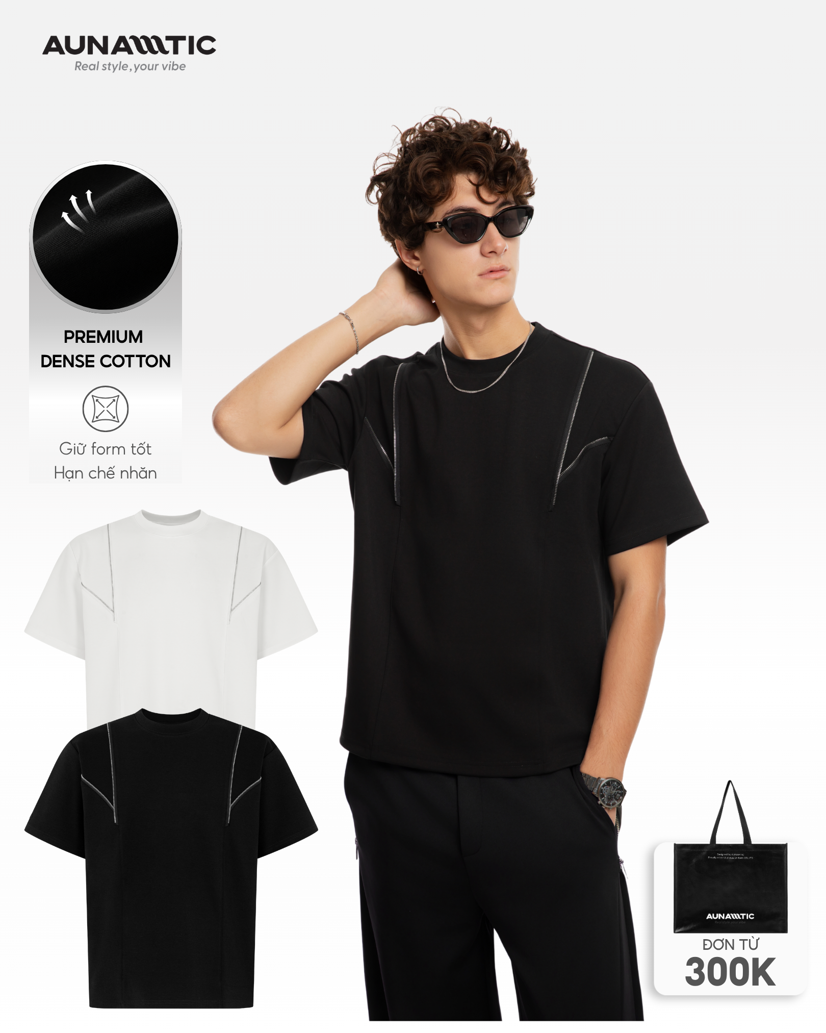 Áo thun nam AUNAMTIC Sharp Zip Tee màu đen phom relaxed fit phối zip line ở ngực và vai