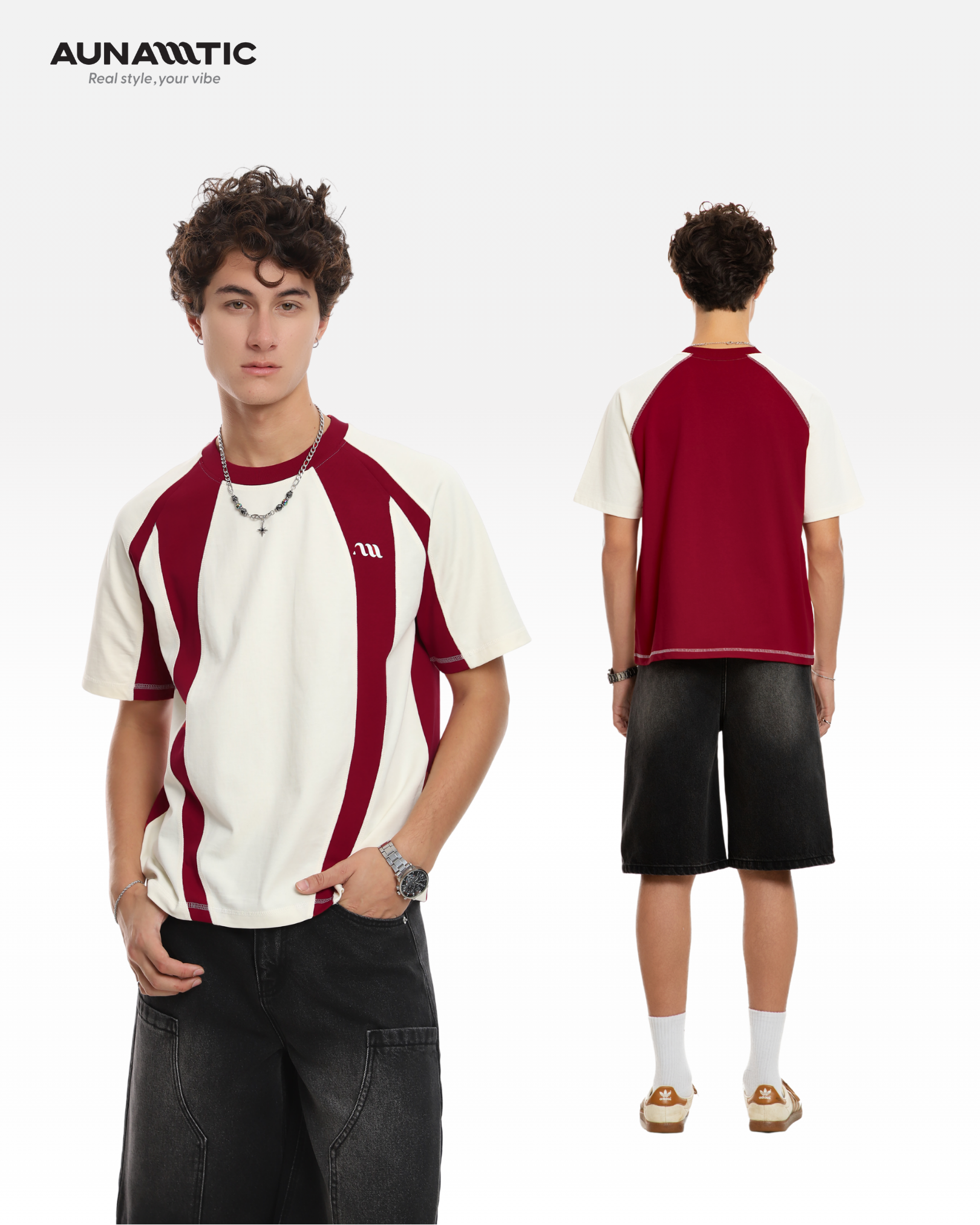 Áo thun nam AUNAMTIC Arc Line Tee màu Cream Burgundy phom relaxed fit phối line cong