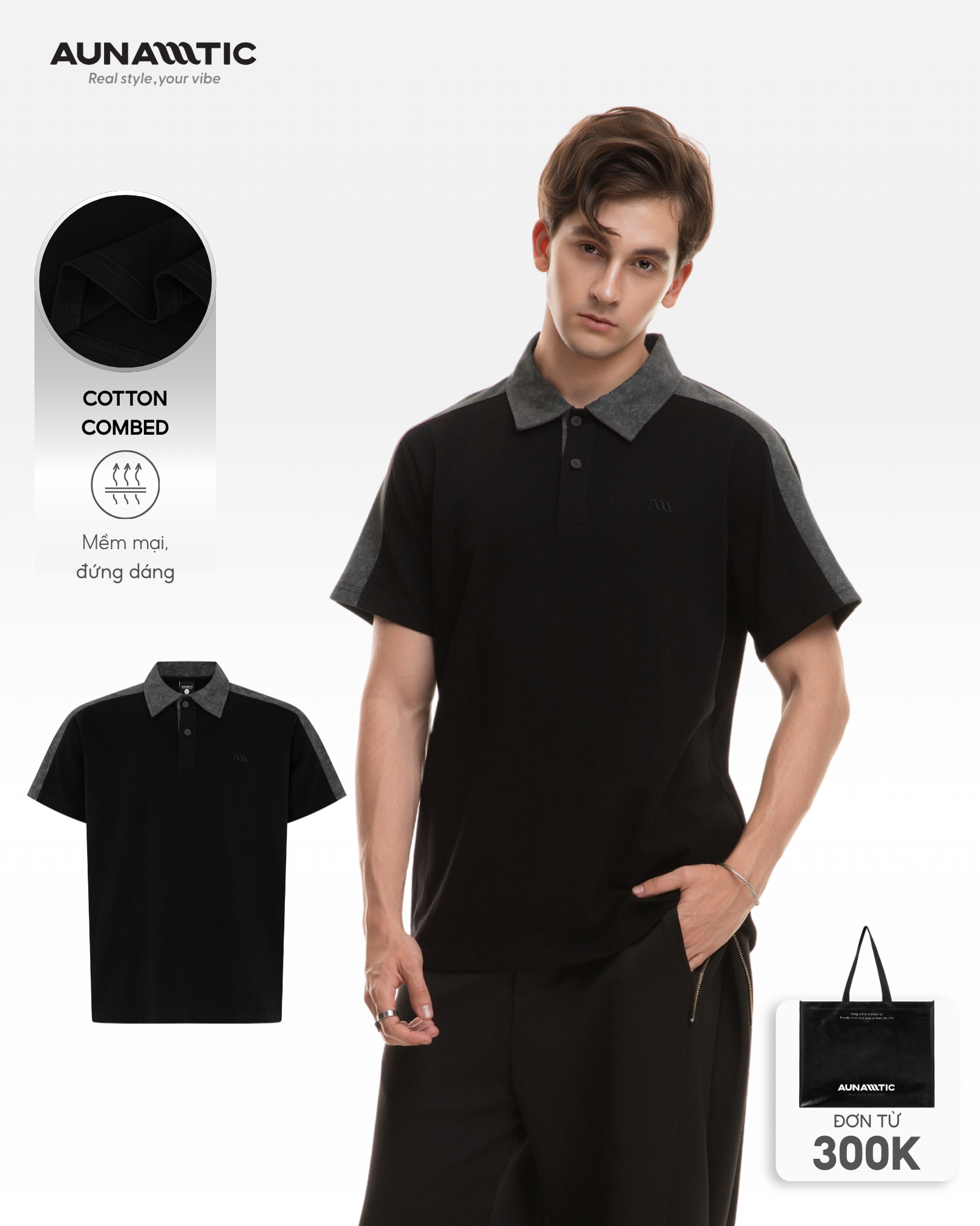 Người mẫu nam mặc áo polo nam AUNAMTIC Edge Polo màu đen trong outfit casual