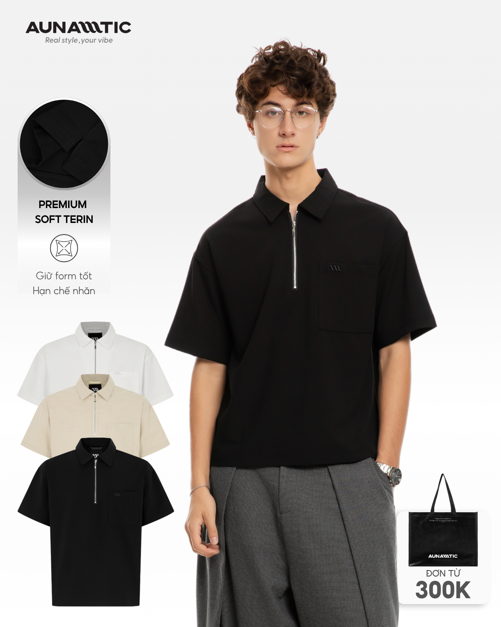  Áo Polo Nam Collar Zip Polo Khóa Kéo Cổ, Form Gọn - AUNAMTIC 