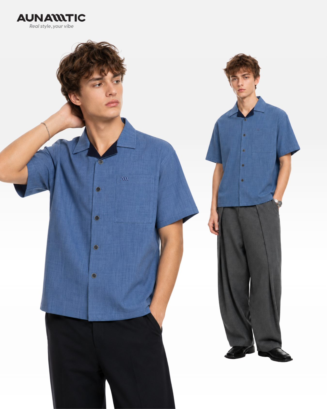 Người mẫu nam mặc áo sơ mi nam AUNAMTIC Open Collar Shirt màu xanh nhạt trong outfit casual