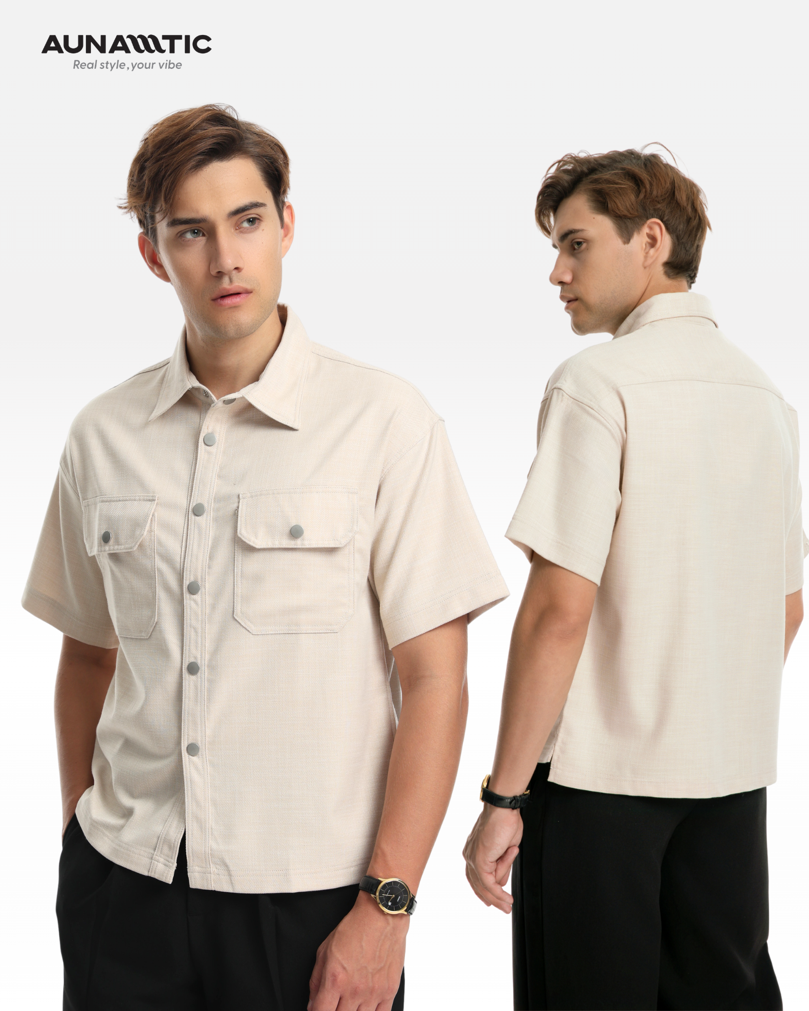 Áo sơ mi nam ngắn tay AUNAMTIC Field Shirt màu kem hai túi ngực nắp bấm
