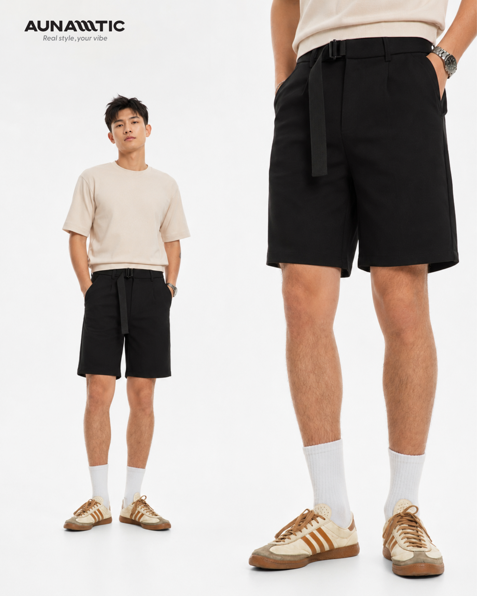 quần short nam AUNAMTIC Belted Ease Shorts màu đen thể hiện phom sản phẩm