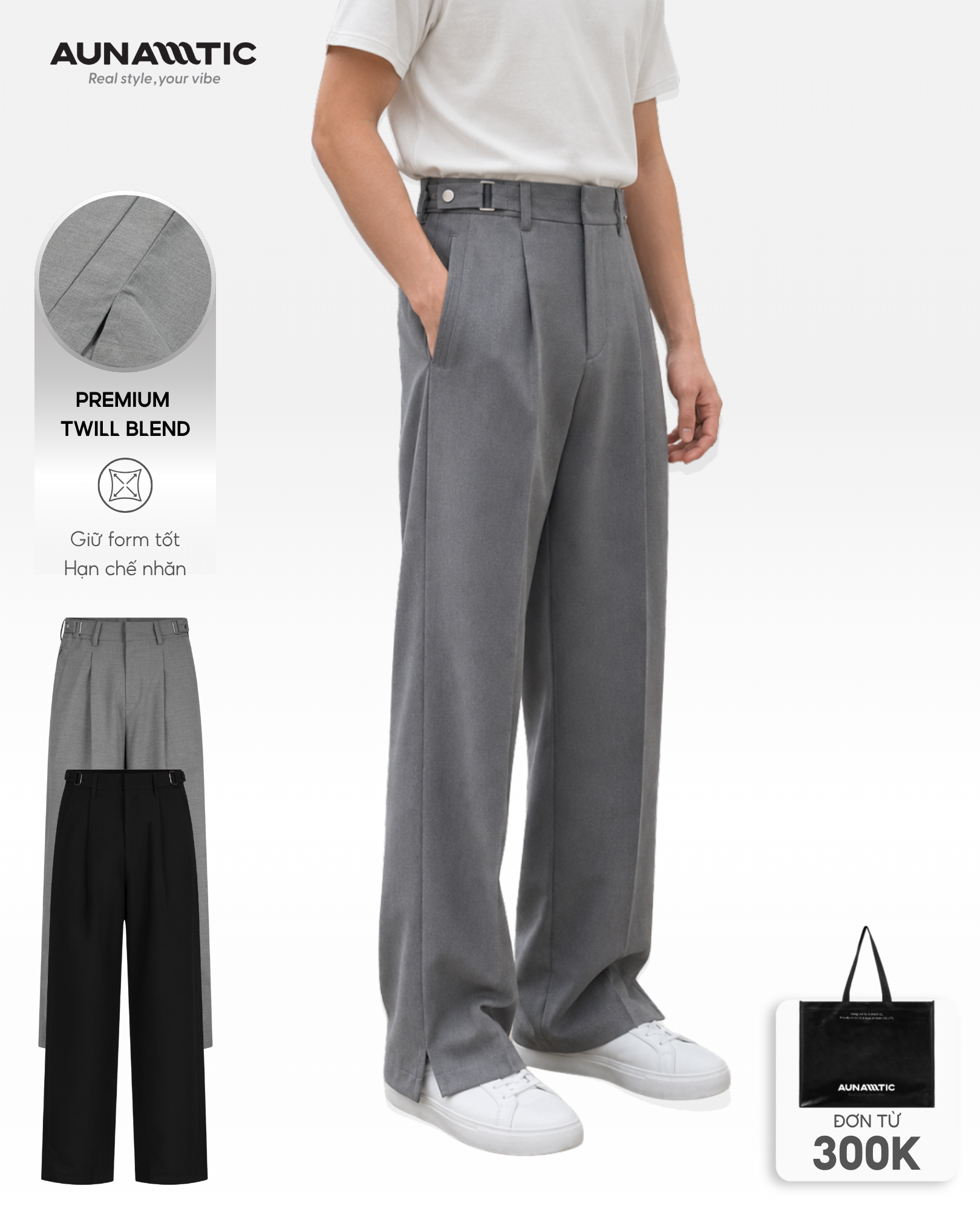 Quần tây nam AUNAMTIC Loose Tailor Pants màu xám ống suông xếp ly có side adjuster
