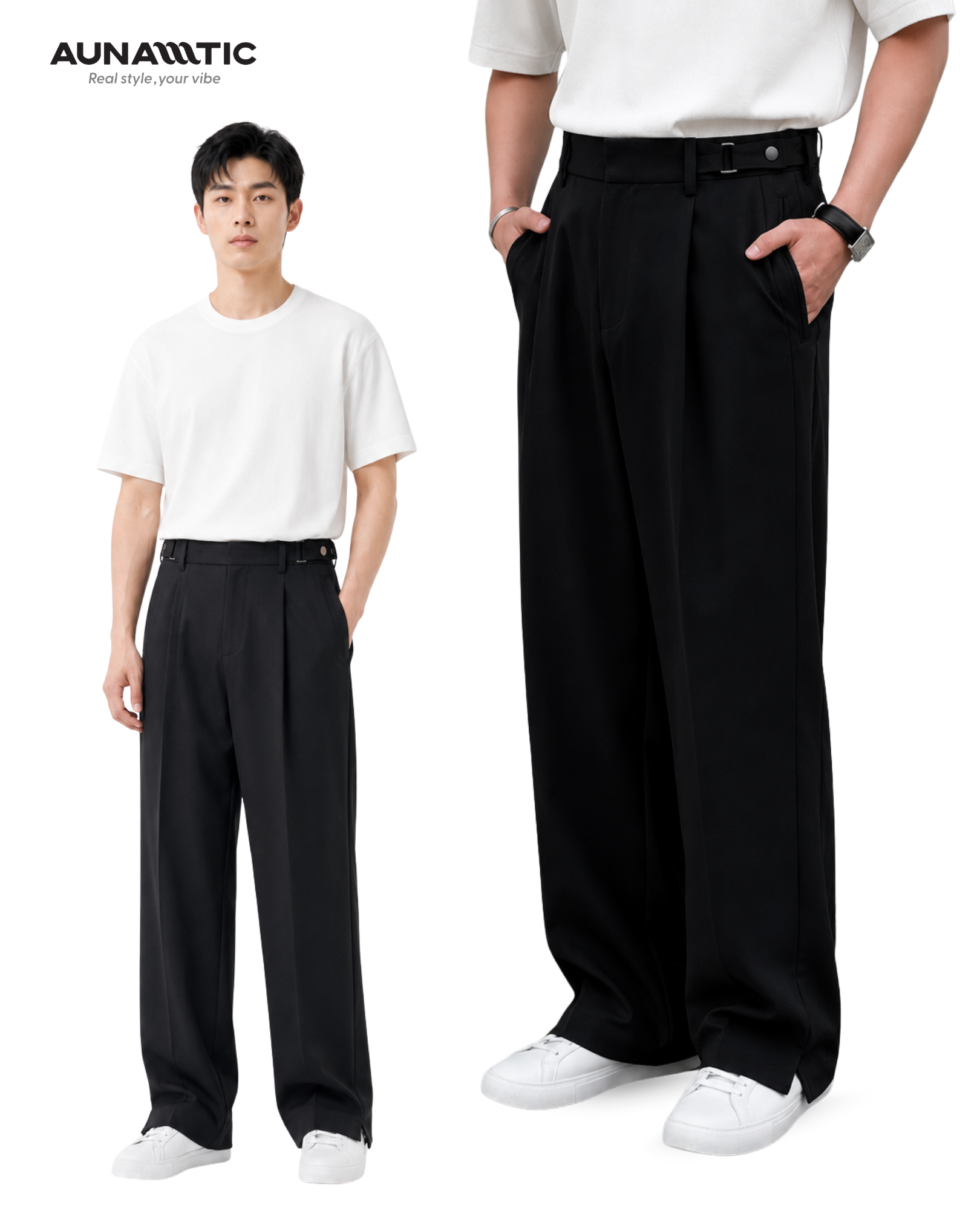 Quần tây nam AUNAMTIC Loose Tailor Pants màu xám ống suông xếp ly có side adjuster
