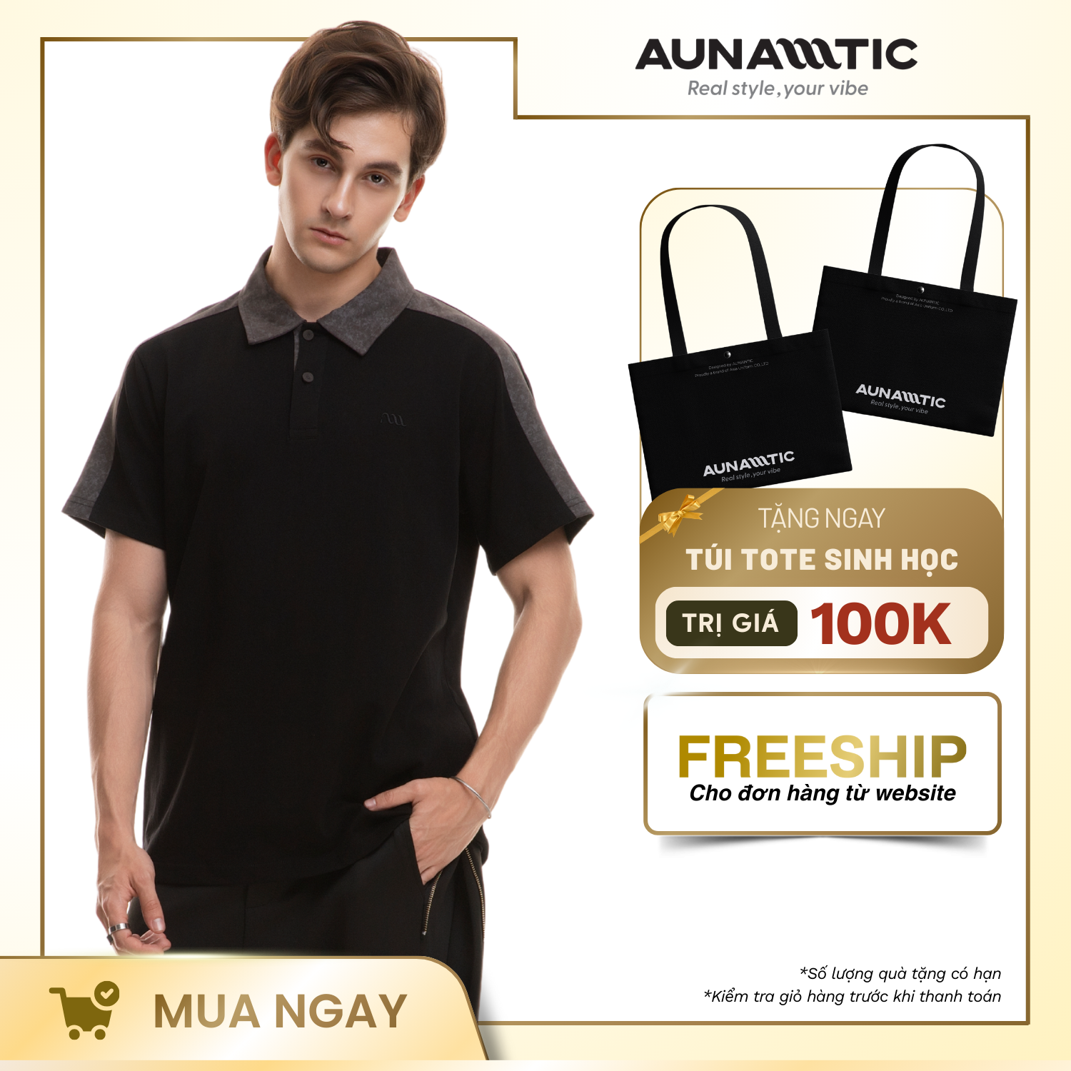 áo polo nam oversize màu đen phối vai và cổ xám aunamtic cover