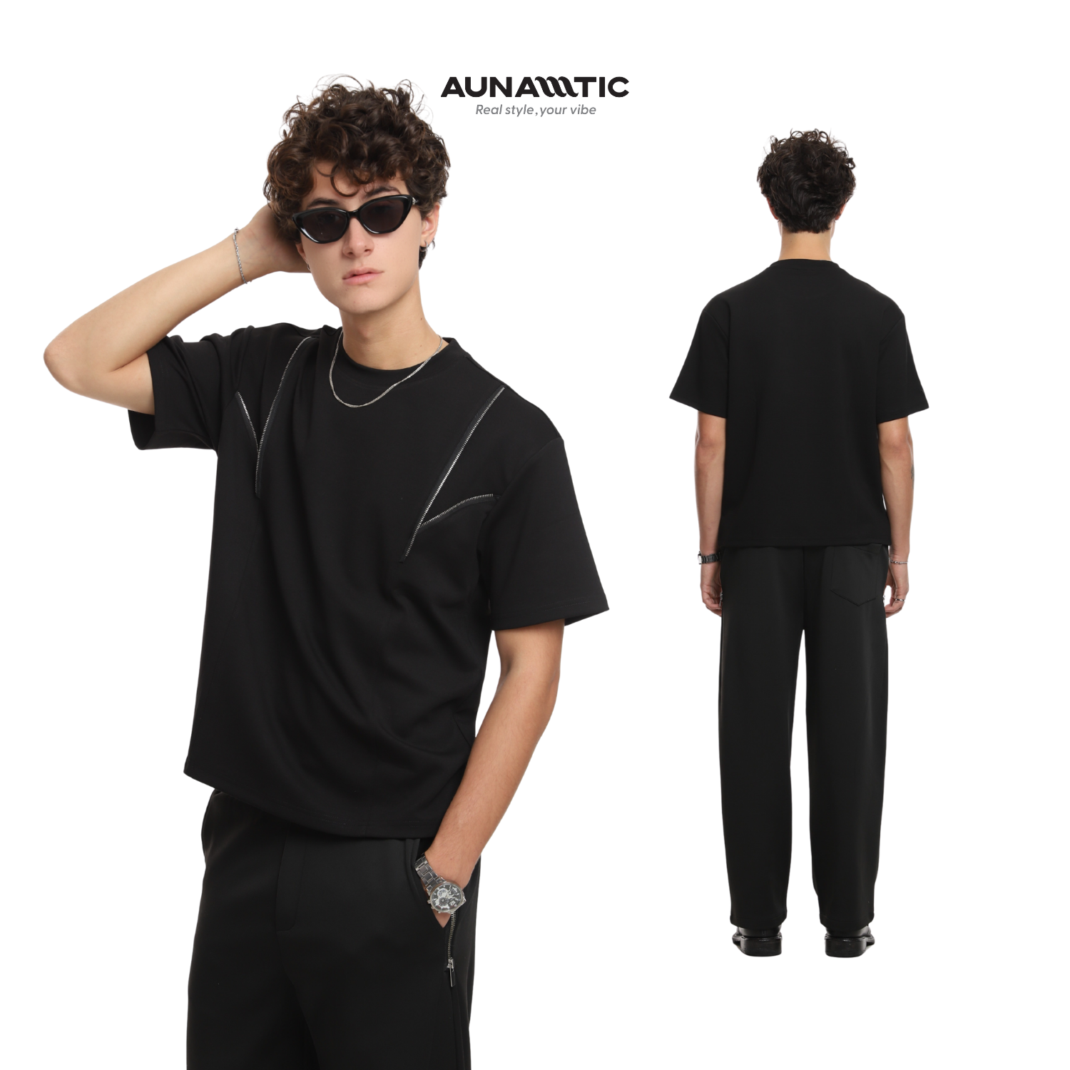  Áo thun nam dây kéo phối chéo điểm nhấn Premium Dense Cotton – AUNAMTIC 