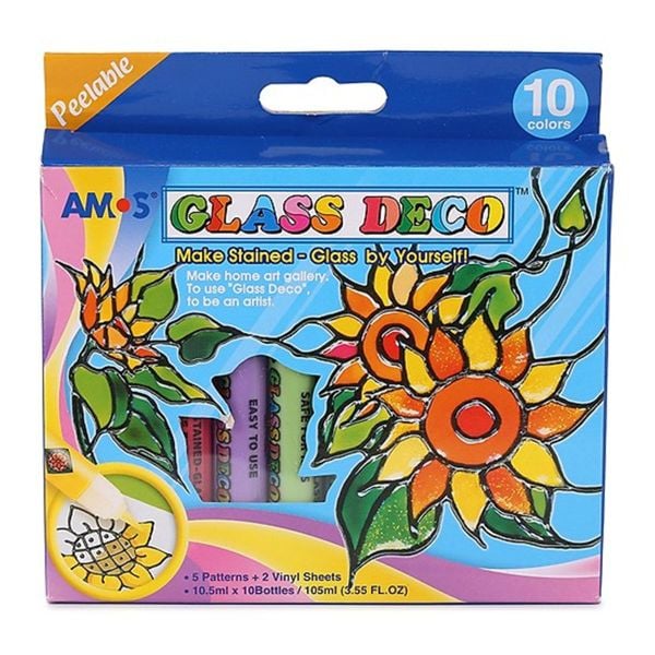 Bộ Bút Vẽ Trang Trí Amos Glass Deco GD10P10 | Màu Vẽ Kính 10 Màu Chính Hãng Hàn Quốc