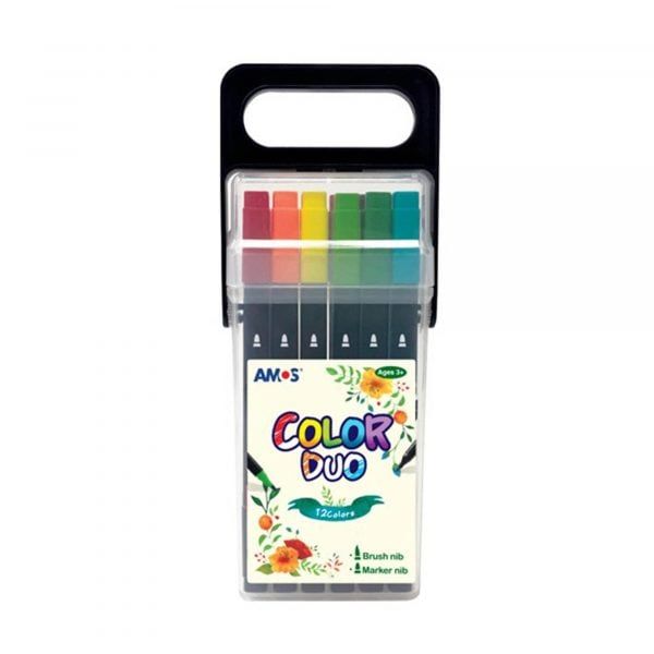Bút Lông Hai Đầu AMOS Color Duo Brush Pen CDU12PC – Bộ 12 Màu Chính Hãng Hàn Quốc