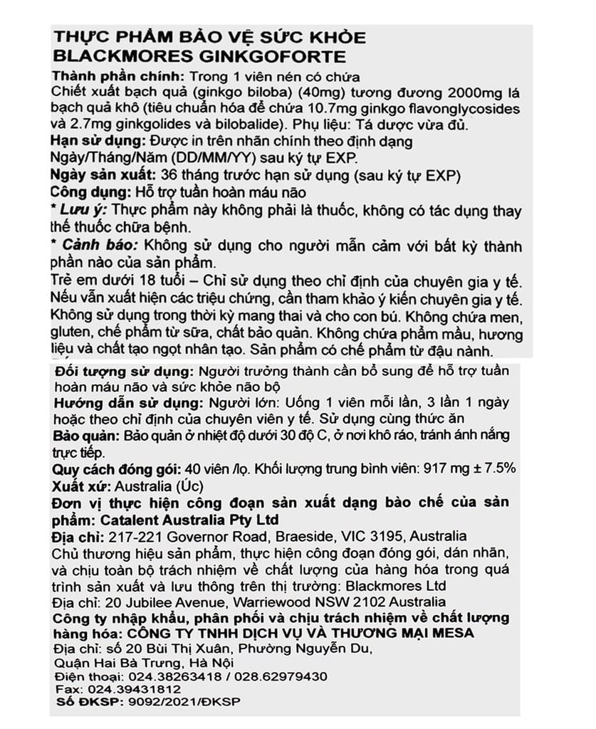 Blackmores Ginkgoforte | Viên Uống Hỗ Trợ Trí Não, Cải Thiện Trí Nhớ 40 Viên