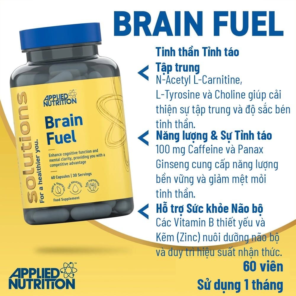 Applied Nutrition Viên Uống Hỗ Trợ Trí Não Solutions BRAIN FUEL hộp 30 Lần Dùng
