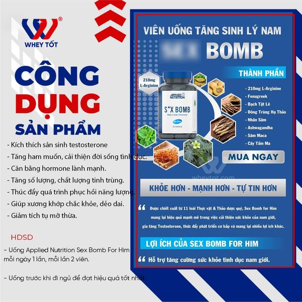 Viên uống hỗ trợ sức khỏe nam giới Applied Nutrition Sex Bomb For Him 120 Viên (60 Servings) BBE: 2/2027