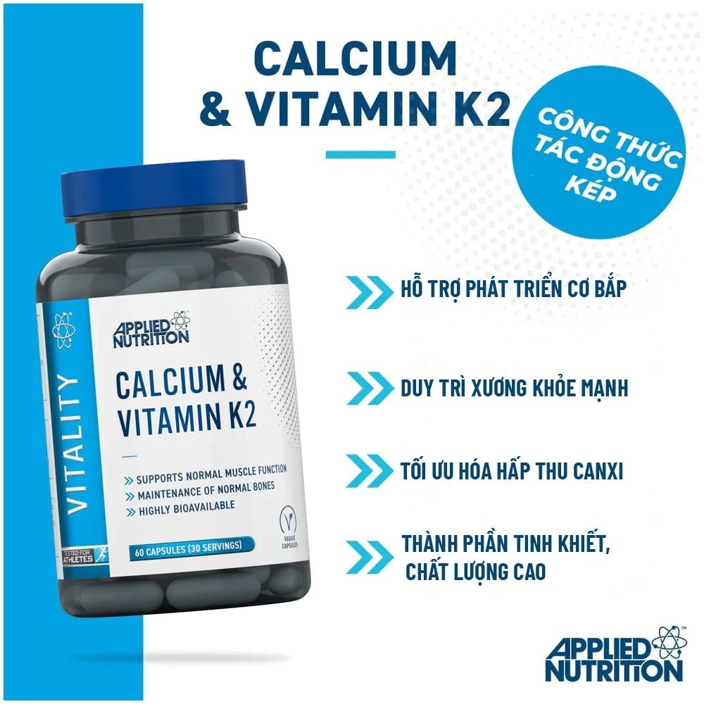 Applied Nutrition VITALITY - CALCIUM + K2 Hỗ Trợ Xương Khớp hộp 30 Lần Dùng