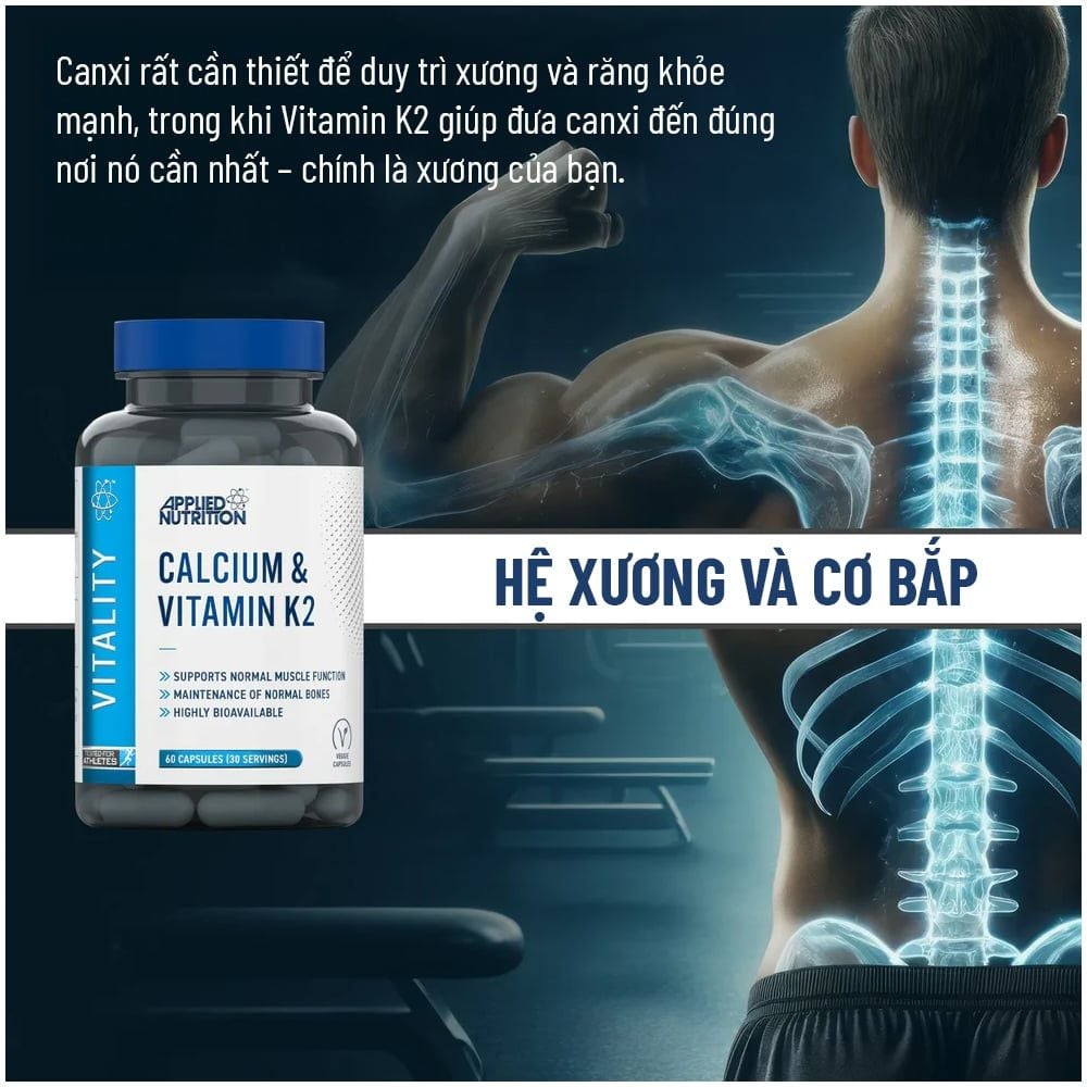 Applied Nutrition VITALITY - CALCIUM + K2 Hỗ Trợ Xương Khớp hộp 30 Lần Dùng