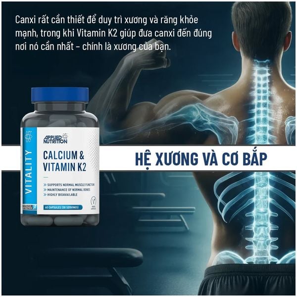 Applied Nutrition VITALITY - CALCIUM + K2 Hỗ Trợ Xương Khớp hộp 30 Lần Dùng