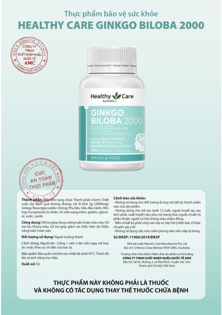 Healthy Care Ginkgo Biloba 2000 | Viên uống bổ não Úc