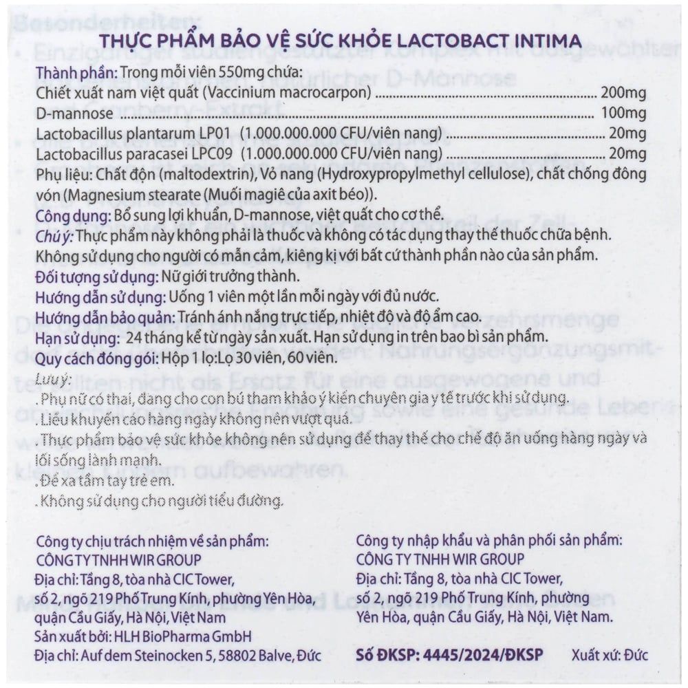 Lactobact Intima 30 viên | Lợi Khuẩn, Việt Quất Và D-Mannose
