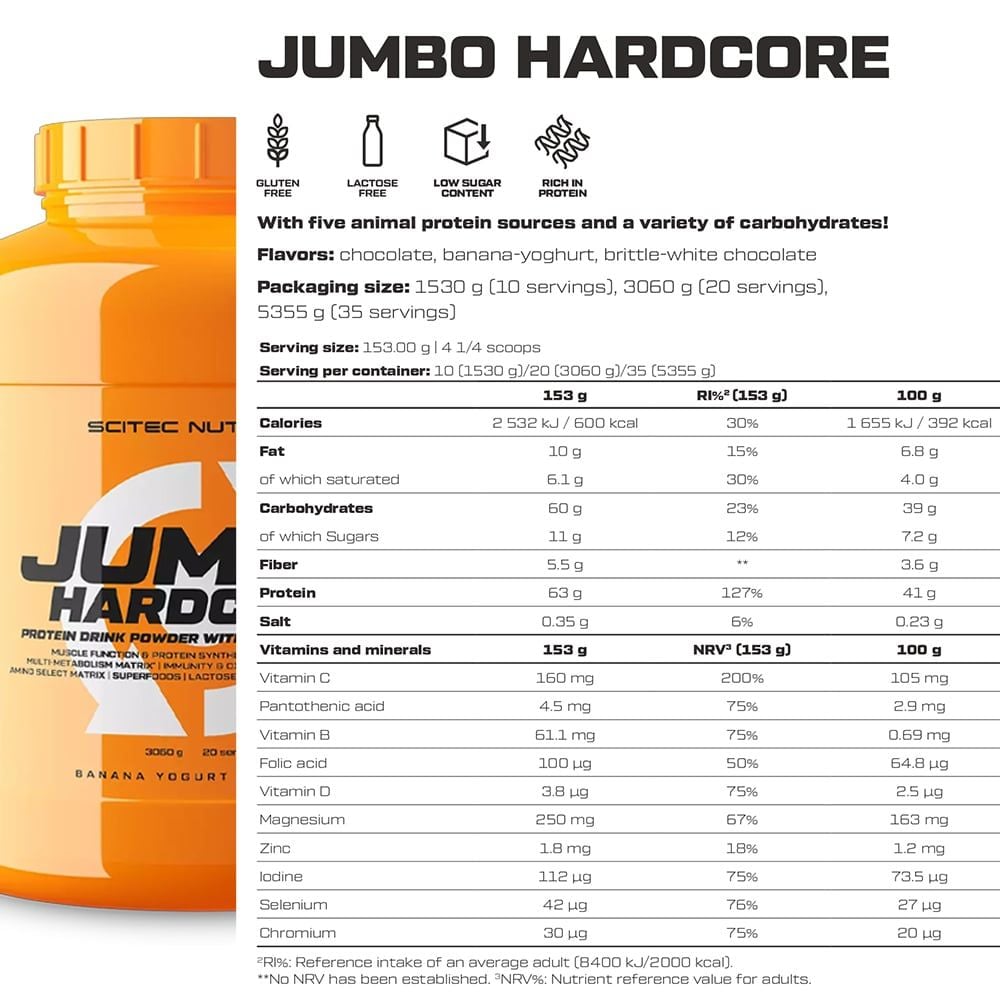 Scitec Jumbo Hardcore 3060G (20 Servings) | Hàm Lượng Protein Cao, Hỗ Trợ Cân Nặng
