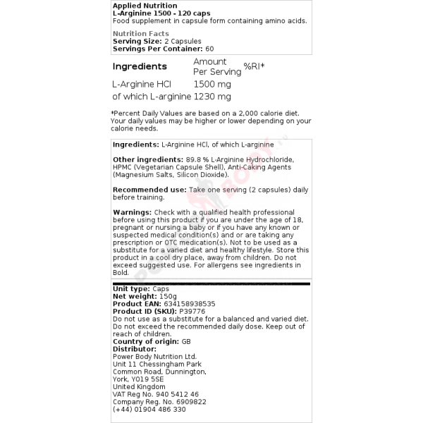 Applied Nutrition L-ARGININE 1500 - 120 Viên | Hỗ Trợ  Sinh Lý