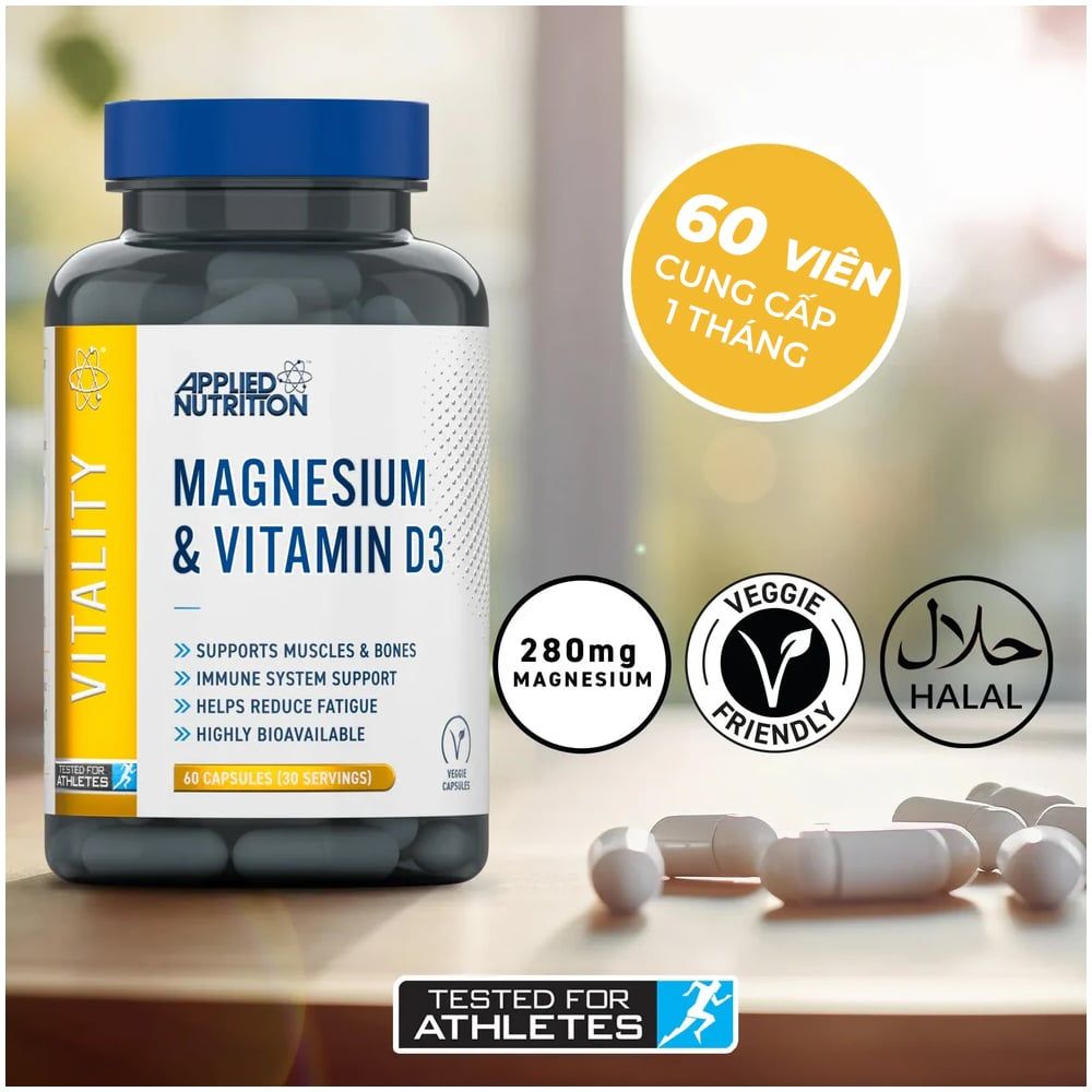 Applied Nutrition VITALITY MAGENSIUM + D3 Giảm Mệt Mỏi, Hỗ Trợ Cơ Xương 30 Lần Dùng