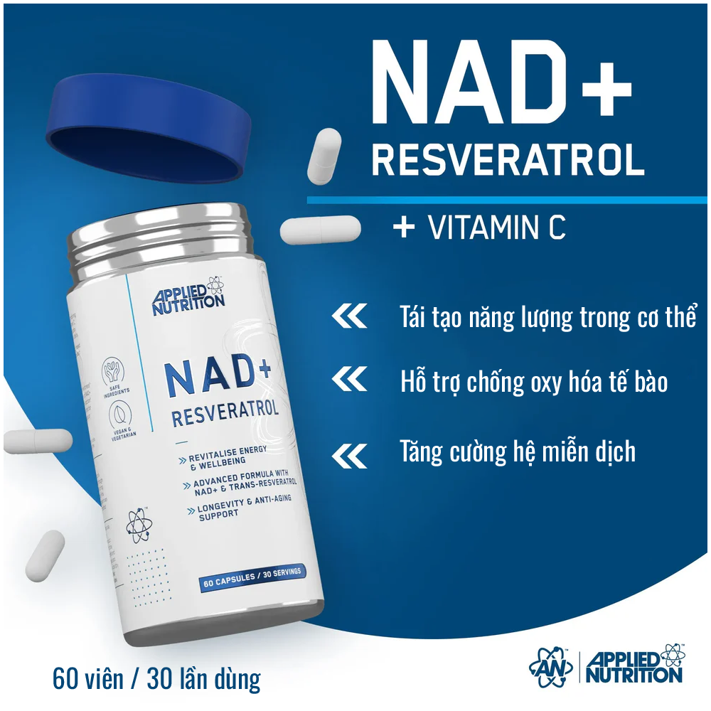 Applied Nutrition Viên Uống NAD+ RESVERATROL Hỗ Trợ Chống Oxy Hoá Tăng Cường Miễn Dịch Hộp 60 Viên