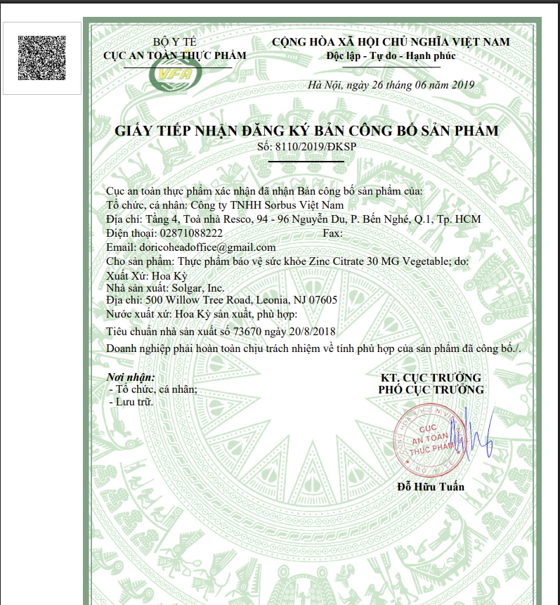 Solgar Zinc Citrate 30mg Hỗ Trợ Chống Lão Hóa (Chai 100 viên)