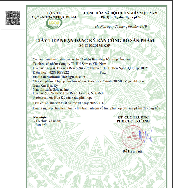 Solgar Zinc Citrate 30mg Hỗ Trợ Chống Lão Hóa (Chai 100 viên)