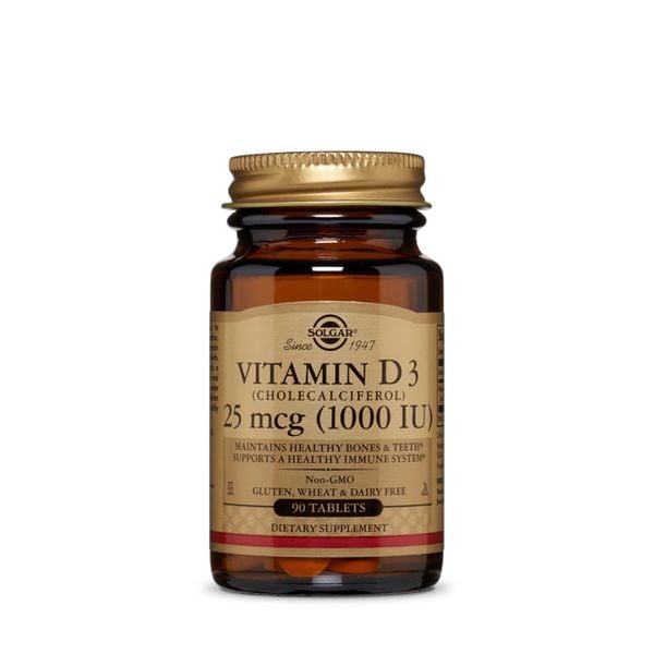 Solgar Vitamin D3 (Cholecalciferol) 25 mcg (1000 IU) Hỗ Trợ Tăng Cường Hấp Thu Canxi (Chai 90 viên)