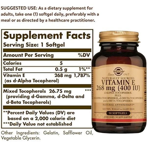 Solgar Viên Uống Vitamin E 268mg 400IU 50 Viên | Giảm Khô Sạm Da