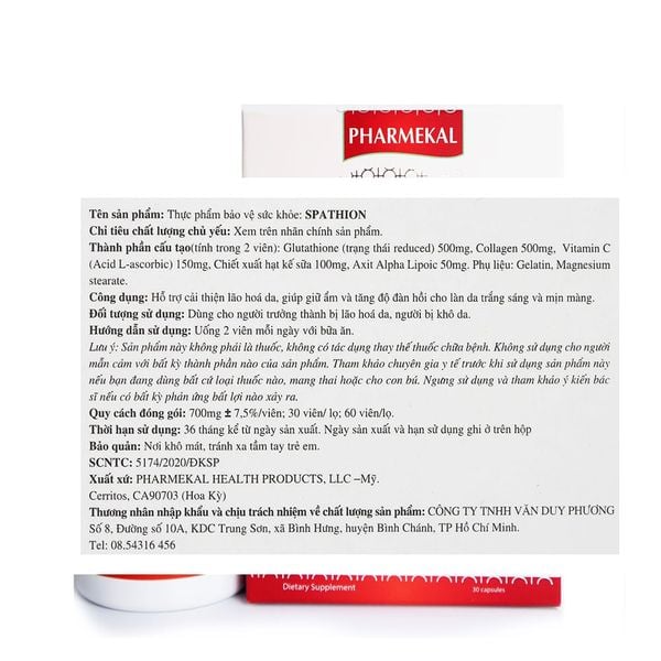 Pharmekal Spathion White Skin 30 Viên | Viên Uống Trắng Da, Mờ Nám Chứa Glutathion