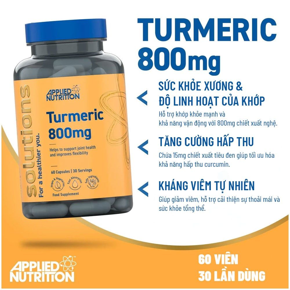 Applied Nutrition Viên Uống Chiết Xuất Nghệ Hỗ Trợ Giảm Viêm Solutions TUMERIC 800MG 30 Lần Dùng