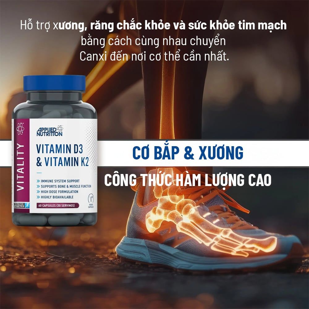 Applied Nutrition VITALITY  VITAMIN D3 + K2 | Hỗ Trợ Xương Khớp 60 Lần Dùng