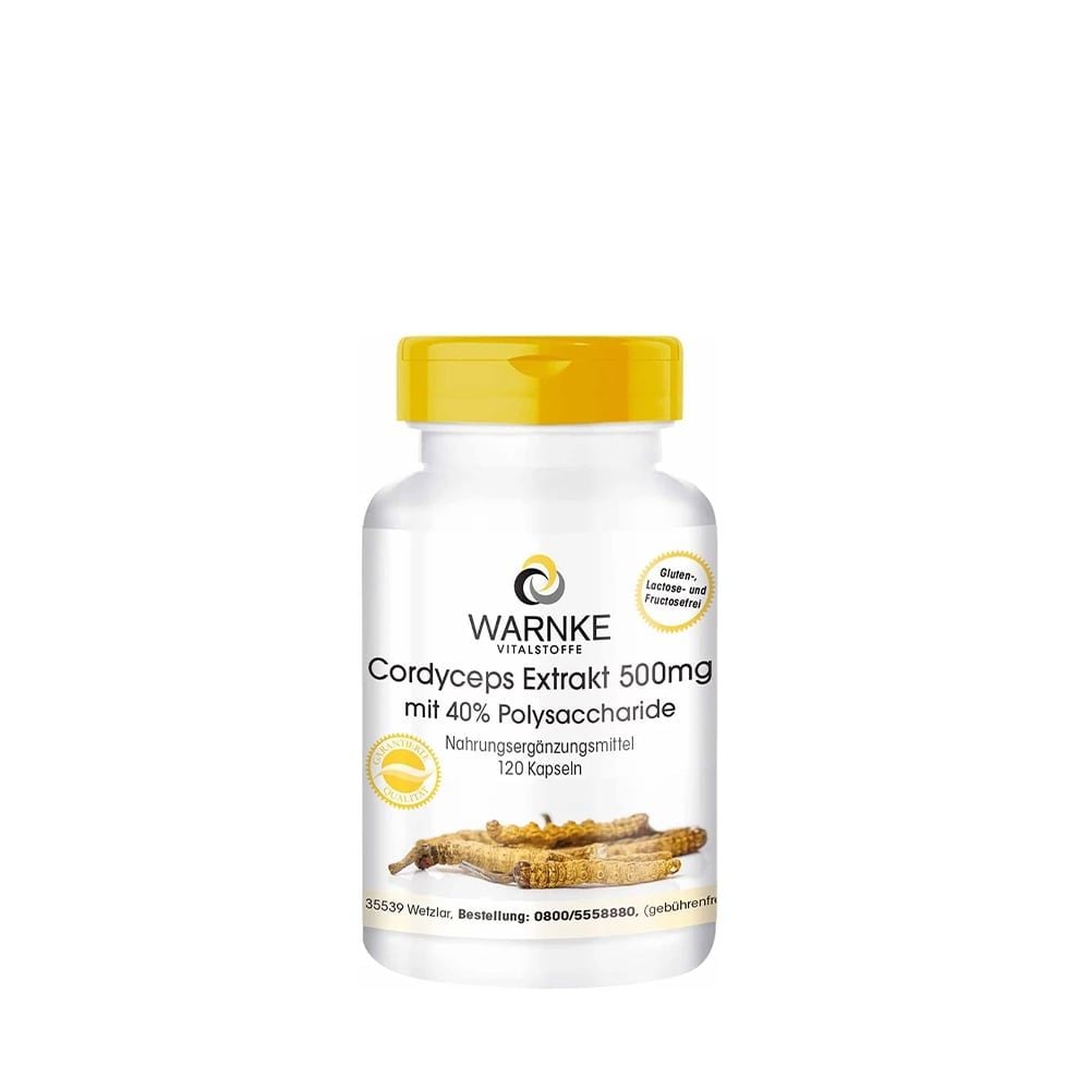 Warnke Cordyceps Extrakt 500mg ghi rõ hàm lượng mỗi liều khác với trà túi lọc