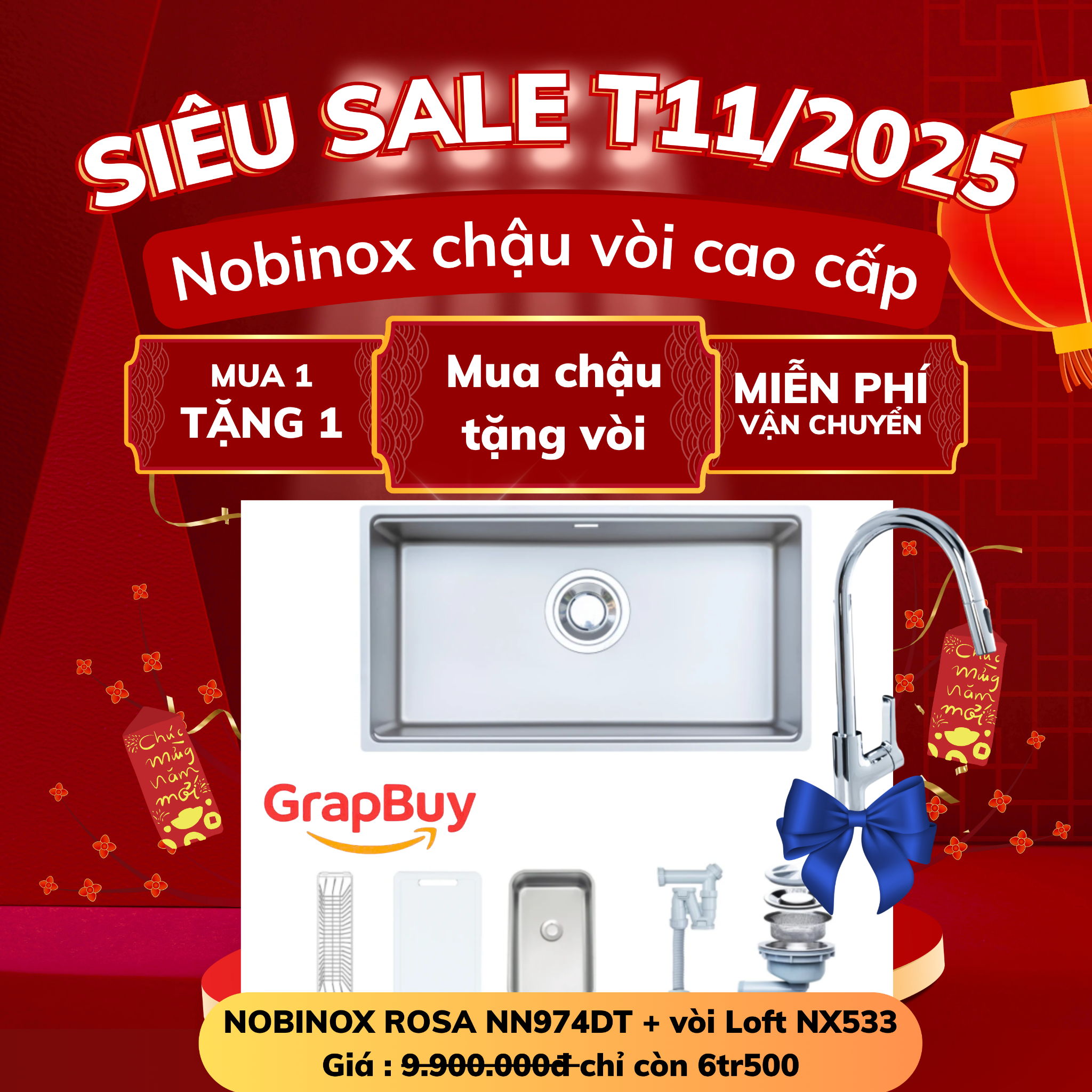  Combo chậu vòi biệt thự cao cấp chậu rửa bát Nobinox Rosa NN974DT + tặng vòi Loft NX533, phiên bản hoàn hảo cho căn bếp hiện đại 2025 