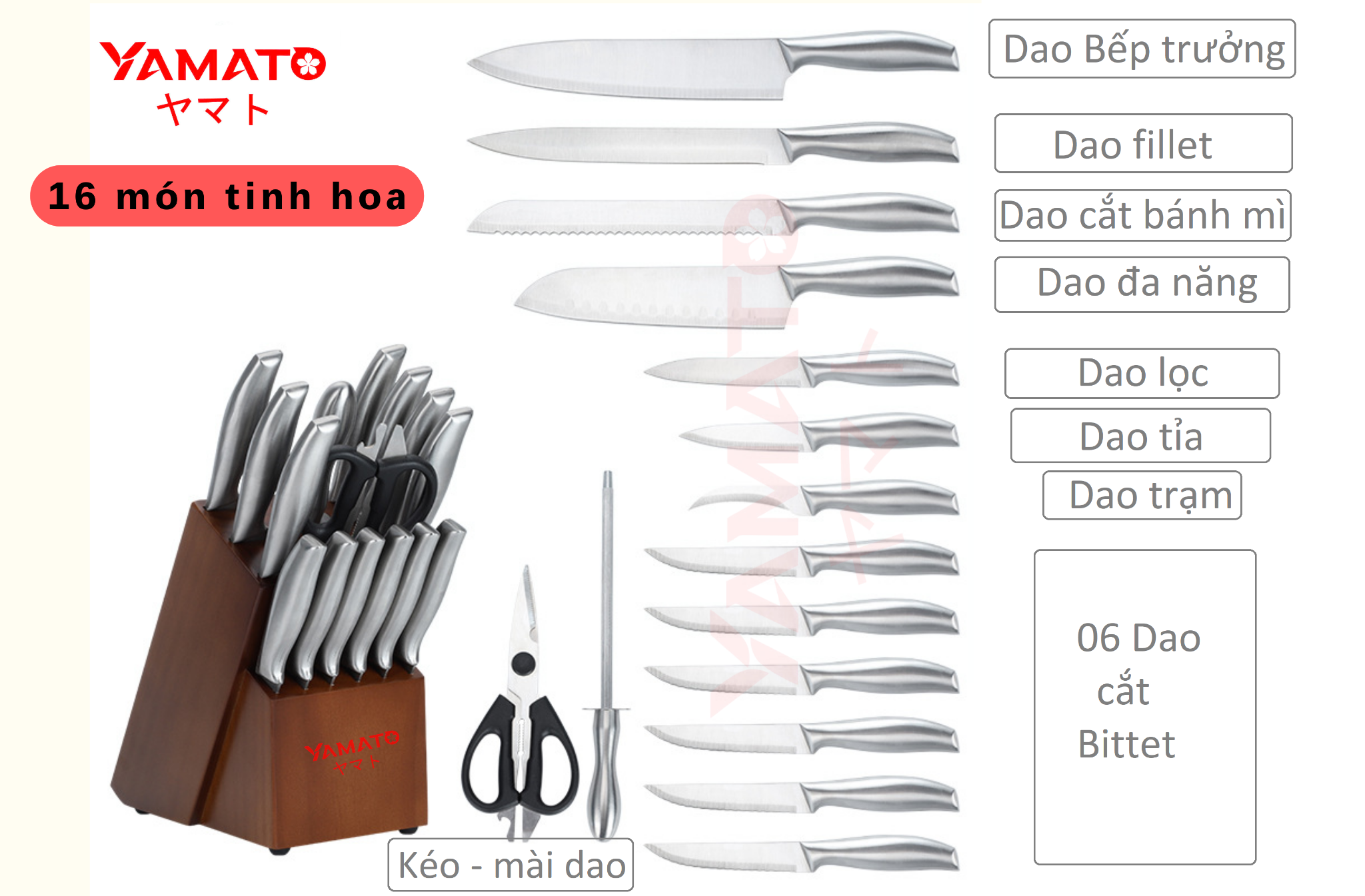  Bộ dao Yamato16 JP8868 Y8 cao cấp thép không rỉ 16 món 