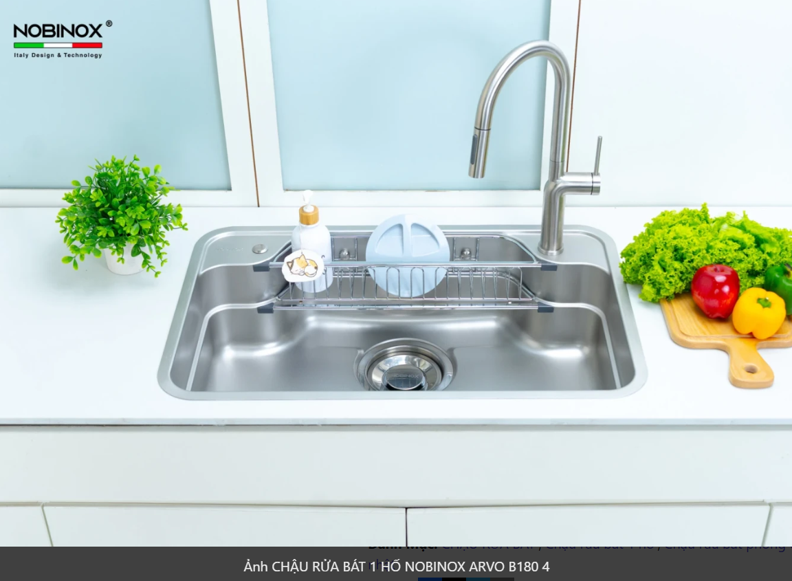 NEW CHẬU RỬA BÁT 1 HỐ NOBINOX ARVO B180 bản đủ phụ kiện. Giá tốt trong nhà Nobinox 