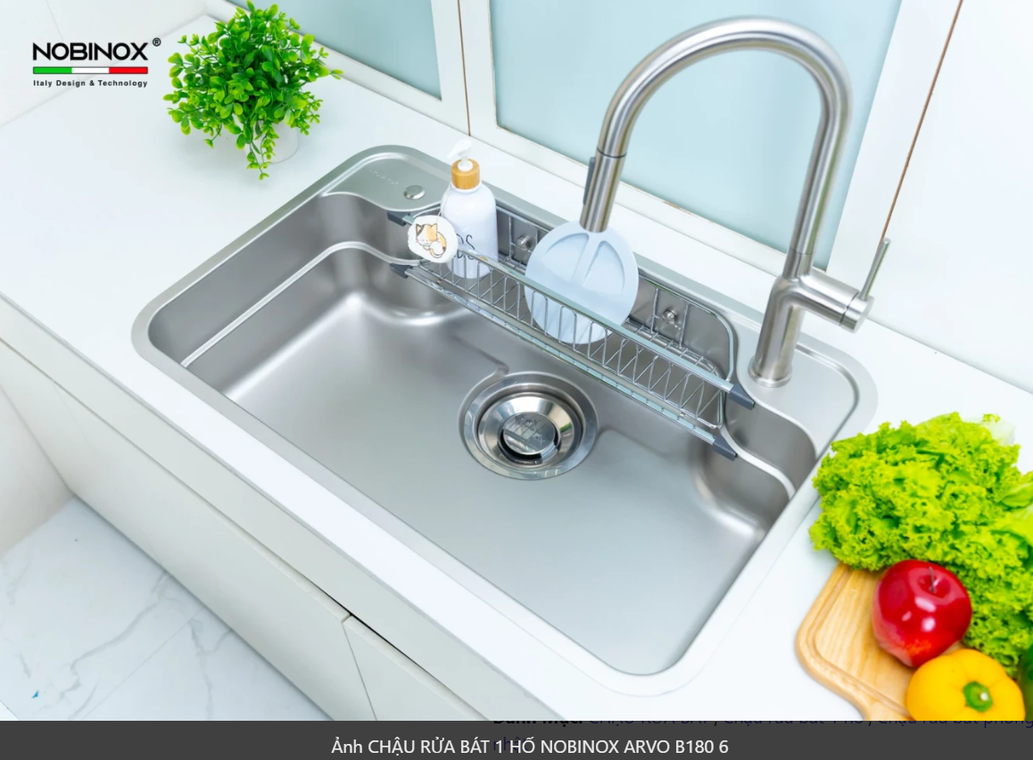  NEW CHẬU RỬA BÁT 1 HỐ NOBINOX ARVO B180 bản đủ phụ kiện. Giá tốt trong nhà Nobinox 