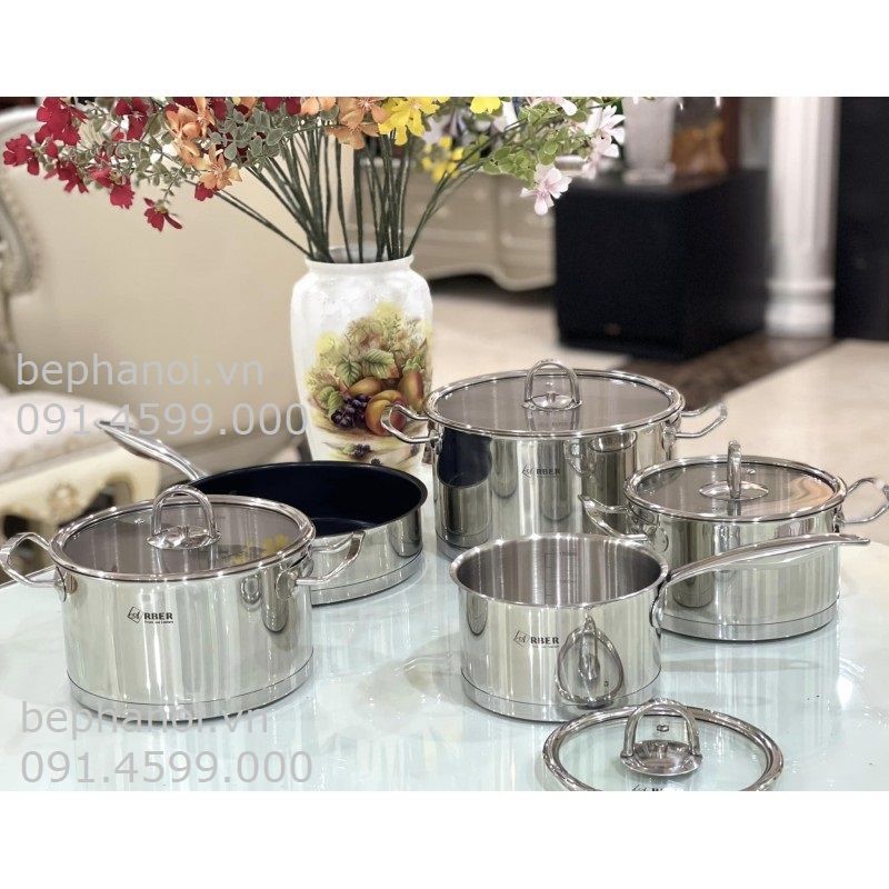  Bộ nồi Arber 5 món inox 3 đáy đúc đặc AN-05BB best BO, siêu bền, full inox nắp kính, chống han rỉ, gia dụng 