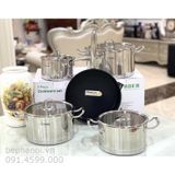  Bộ nồi Arber 5 món inox 3 đáy đúc đặc AN-05BB best BO, siêu bền, full inox nắp kính, chống han rỉ, gia dụng 