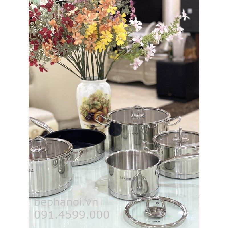  Bộ nồi Arber 5 món inox 3 đáy đúc đặc AN-05BB best BO, siêu bền, full inox nắp kính, chống han rỉ, gia dụng 