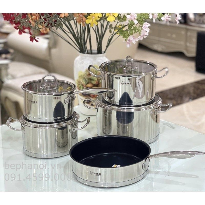  Bộ nồi Arber 5 món inox 3 đáy đúc đặc AN-05BB best BO, siêu bền, full inox nắp kính, chống han rỉ, gia dụng 