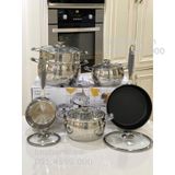  Bộ nồi inox chuyên dụng từ tính Arber new AN06V 06 món cao cấp, đáy phẳng có xửng hấp, chảo có vung kính, hình trụ tròn siêu đẹp, cực bền bỉ inox 304  gia dụng 