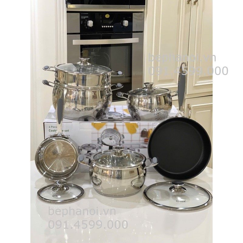  Bộ nồi inox chuyên dụng từ tính Arber new AN06V 06 món cao cấp, đáy phẳng có xửng hấp, chảo có vung kính, hình trụ tròn siêu đẹp, cực bền bỉ inox 304  gia dụng 