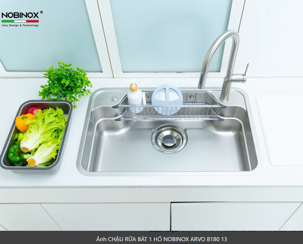  NEW CHẬU RỬA BÁT 1 HỐ NOBINOX ARVO B180 bản đủ phụ kiện. Giá tốt trong nhà Nobinox 