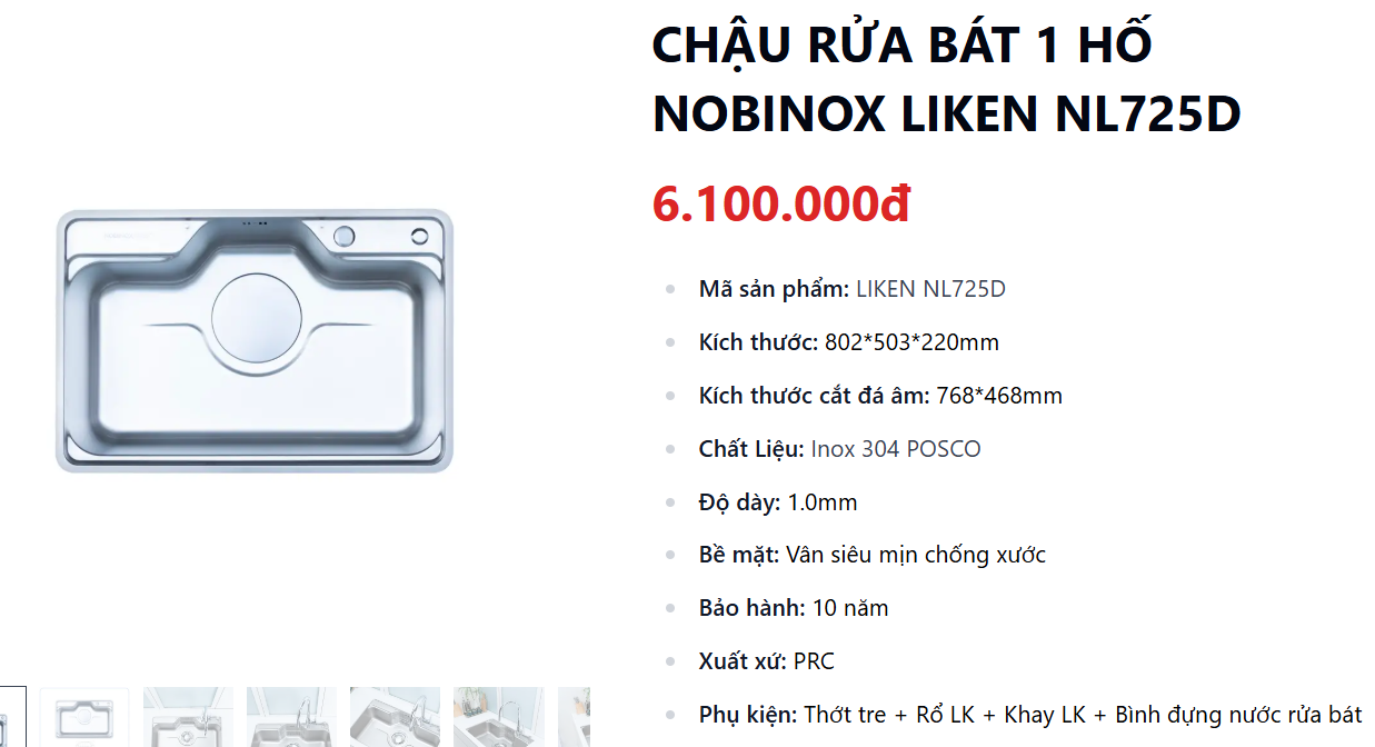  CHẬU RỬA BÁT 1 HỐ NOBINOX LIKEN NL 725D full phụ kiện rổ to, rổ nhỏ, thau nhỏ, bình xịt nước rửa bát, thớt tre, vân linen siêu mịn 