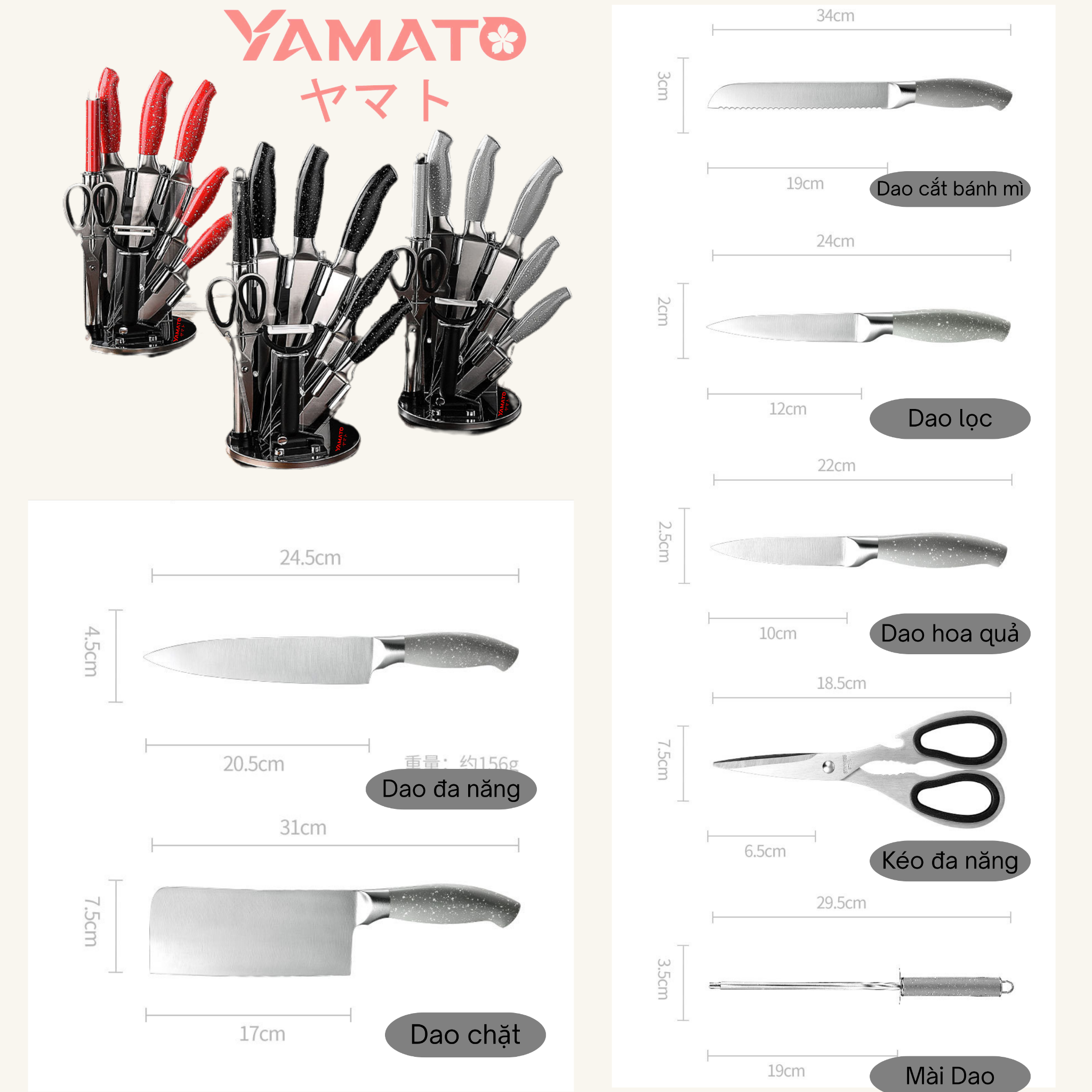  Bộ Dao Yamato9 JP9968 – Màu Đen Kim Sa – Đẳng Cấp Tối Giản Cho Không Gian Bếp Sang Trọng 