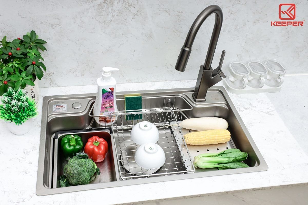  CHẬU RỬA KEEPER KP – CR02 – 7848 vân mịn chống xước, chống bám dính, kích thước phổ biến gia đình, 1hố lớn 